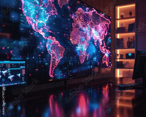 A glowing world map made of blue and pink lights on a large screen in a dark room.