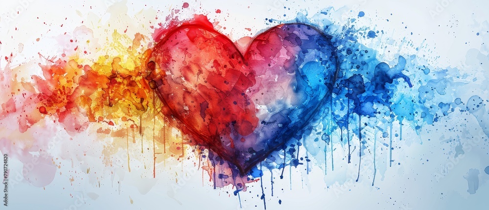 A colorful heart with blue and red splatters