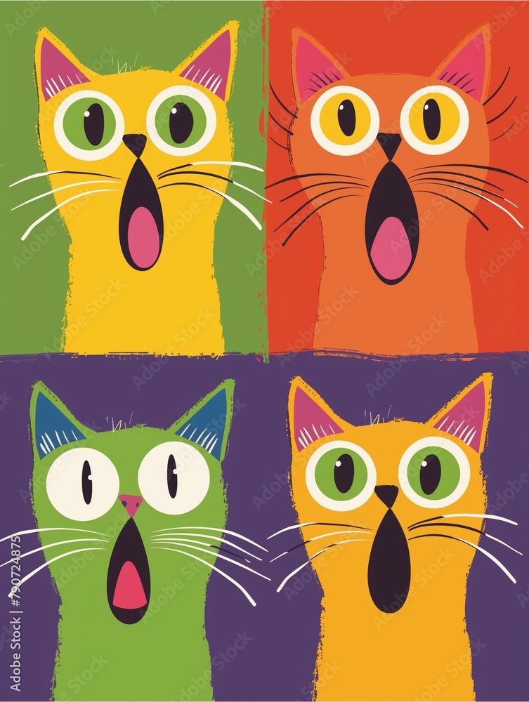 A cartoon image of a brightly colored cat with a surprised expression. A cartoon image of a brightly colored cat with a surprised expression.