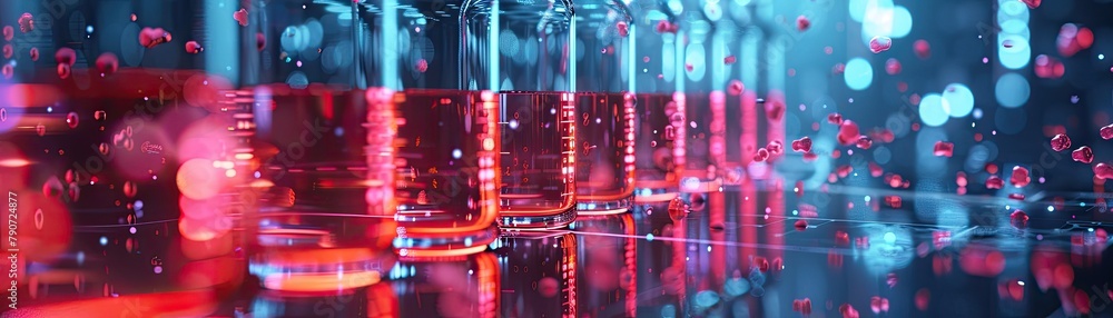 Close-up of a row of beakers with a red liquid on a reflective surface with a blue light in the background. Close-up of a row of beakers with a red liquid on a reflective surface with a blue light in the background.