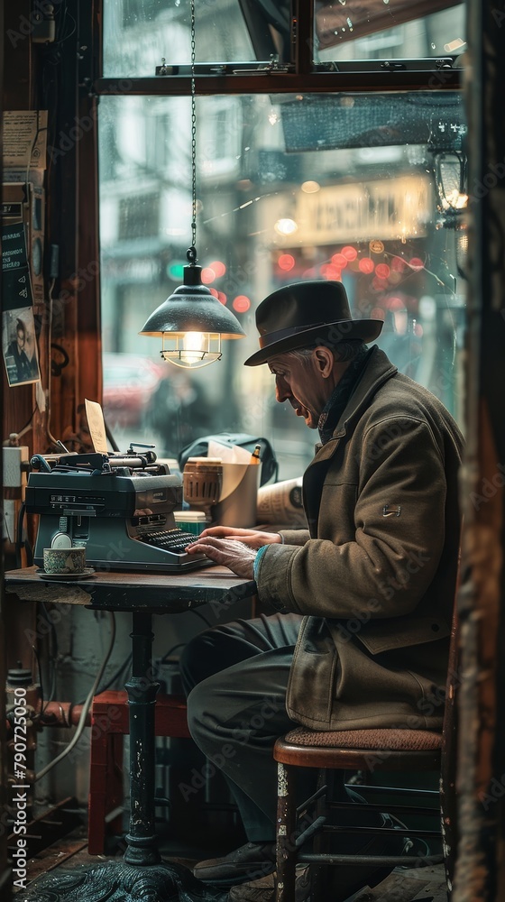 A man is sitting at a desk with a typewriter and a cup of coffee