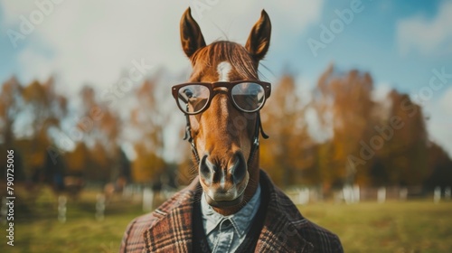 A horse wearing glasses and a coat