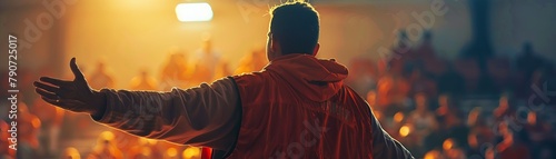 A man in an orange jacket is standing in front of a crowd of people
