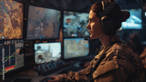 In a tactical command hub, a skilled military woman sits at a control panel with multiple screens, wearing headphones to communicate with frontline units and coordinate responses t