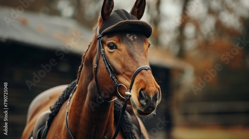 A brown horse with a black bridle and a brown cap on its head