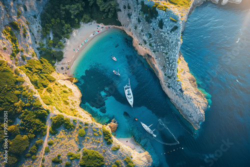 Tranquil aerial composition featuring Stiniva cove and its iconic tourist boats nestled amidst the dramatic coastal landscape of Vis Island, Croatia.