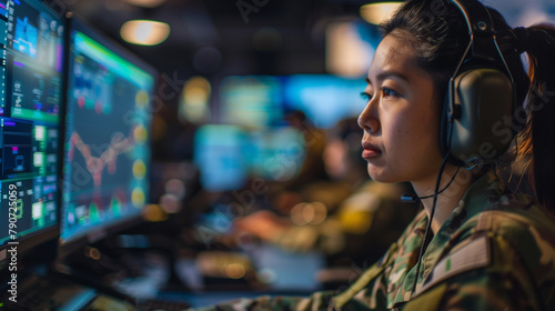 Inside a joint military operations center, a strategic-minded woman officer wears headphones and uses a control panel to coordinate joint exercises and cross-functional missions, e photo
