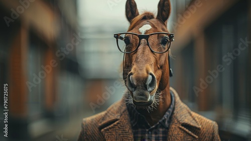 A horse wearing glasses and a suit