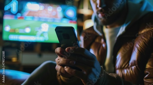 man holding a cell phone while betting online on a football match