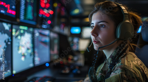 Inside a joint military operations center, a strategic-minded woman officer wears headphones and uses a control panel to coordinate joint exercises and cross-functional missions photo