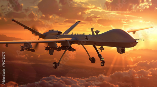 In a tactical operation scenario, a high-tech military drone with the prominent "AI" emblem executes precision strikes, exemplifying the convergence of AI and defense capabilities