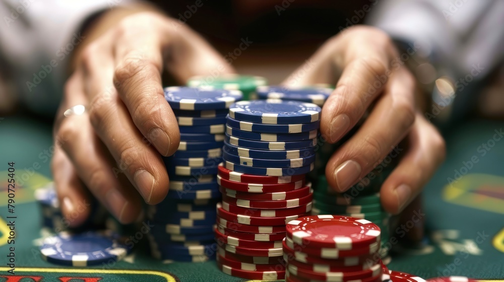 A man holds a stack of poker chips at a casino table, depicting a poker game A man holds a stack of poker chips at a casino table, depicting a poker game