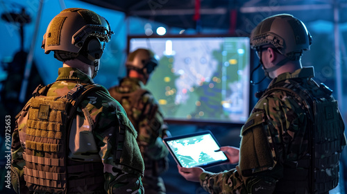 At a temporary command center, military personnel analyze battlefield maps and operational plans on a tablet beside a Starlink antenna, demonstrating the role of satellite technolo