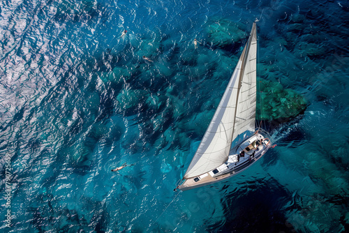 Modern sailboat gliding across the sea with distant swimmers below in a high angle view