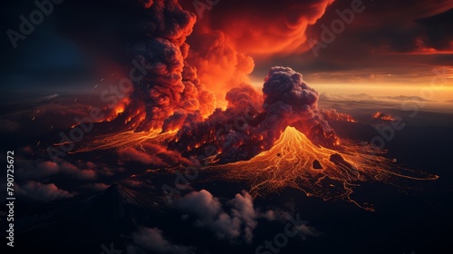 Aerial view of an erupting volcano at sunset, with the red and orange lava glowing against the darkening sky photo