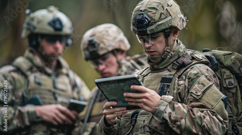 Amidst a training exercise, soldiers use a tablet to coordinate maneuvers and logistics while leveraging connectivity from a nearby Starlink antenna, illustrating the integration o