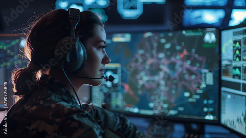 In a strategic operations room, a determined female officer in uniform wears headphones while analyzing real-time data on a large monitor, overseeing tactical maneuvers and communi