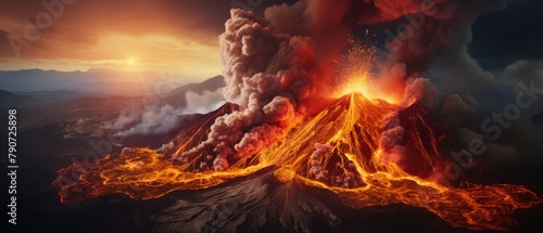 Overhead shot of an intense eruption, with lava creating a spectacular, destructive tapestry on the mountain
