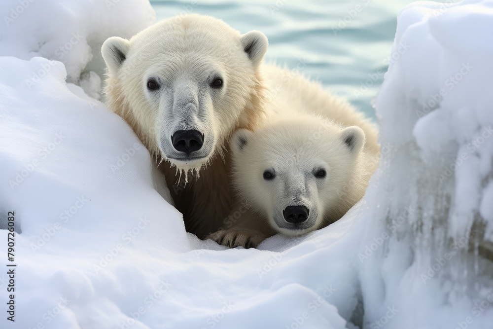 Polar bears patiently waiting near a seal hole. Polar bears patiently waiting near a seal hole.
