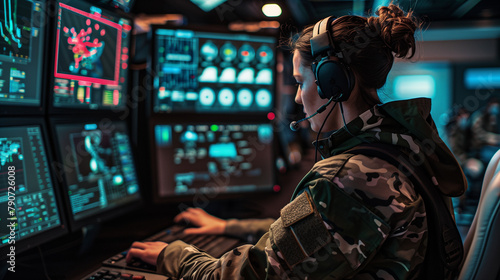 In a tactical command hub, a skilled military woman sits at a control panel with multiple screens, wearing headphones to communicate with frontline units and coordinate responses t photo