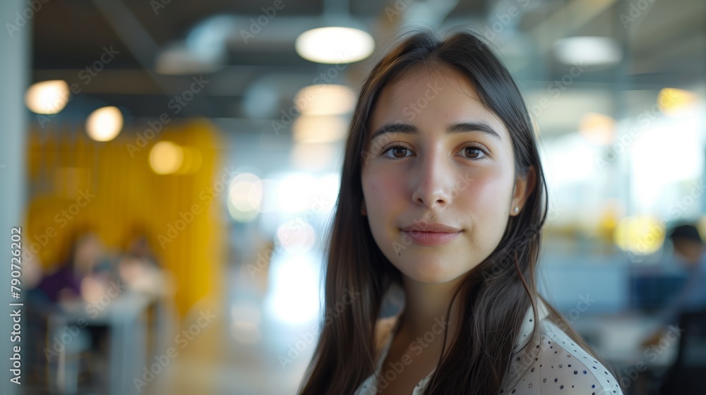 Serene Young Hispanic Woman in a Busy Tech Startup Office Setting Serene Young Hispanic Woman in a Busy Tech Startup Office Setting