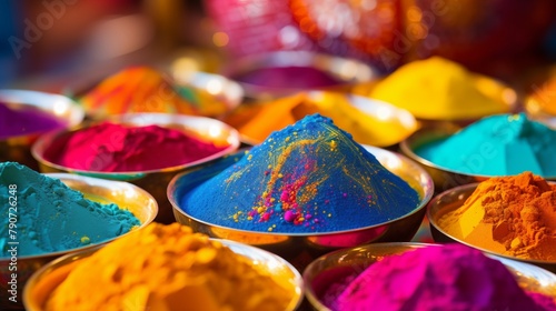 Assorted vibrant colored powders in bowls commonly used in India's Holi festival celebrations