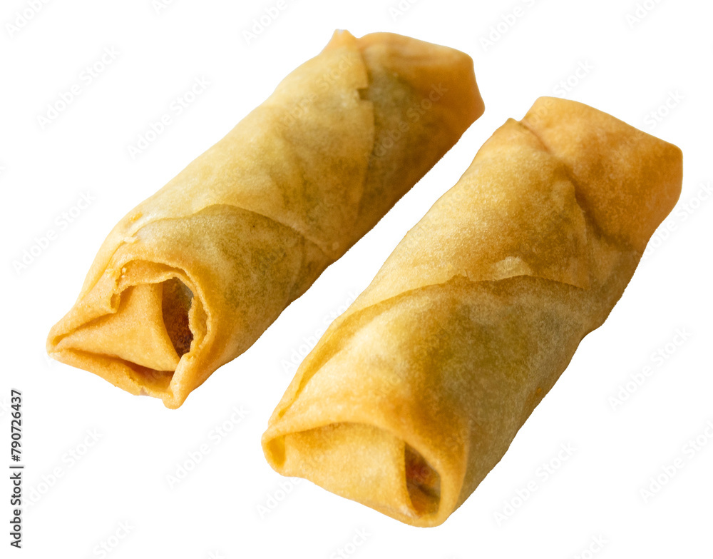 Two spring rolls isolated on transparent background. Top view close up image.