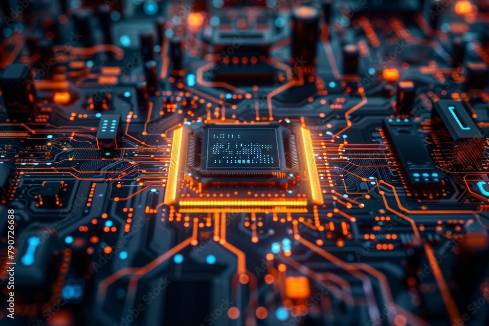Circuit Board CPU Processor Microchip Starting Artificial Intelligence Digitalization of Neural Networking. 