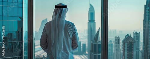 A man in traditional Arab garments gazes at a sprawling urban skyline with warm sunlight streaming in.