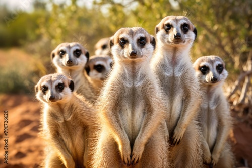A group of meerkats on alert for predators. © OhmArt