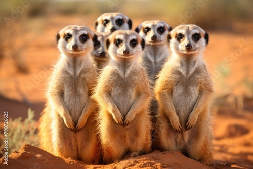 A group of meerkats on alert for predators.