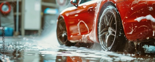 Closeup of a red luxury car being washed with high-pressure water spray, focusing on the shiny rim and tire. © amazingfotommm
