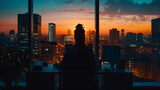 Silhouette of a businesswoman at a desk by a sunset-lit window overlooking a cityscape.