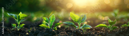 Panoramic image of young plants growing in fertile soil bathed in warm sunlight, symbolizing growth and new beginnings. photo