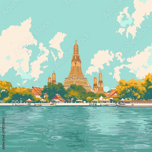 copy space, simple vector illustration, handdrawn cartoon style, Wat Arun temple in Bankkok, beautiful design for tourist poster, tourism publicity. Must-see tourist attraction. Famous touristic spot  photo