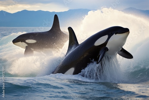 Killer whales working together to capture a seal. photo