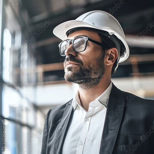 Project manager at a construction site, wearing a hard hat, coordinating with architects and workers, busy and dynamic environment.