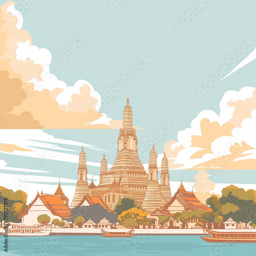 copy space, simple vector illustration, handdrawn cartoon style, Wat Arun temple in Bankkok, beautiful design for tourist poster, tourism publicity. Must-see tourist attraction. Famous touristic spot  photo