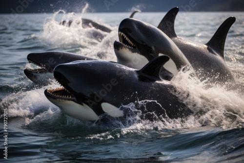 Killer whales working together to capture a seal. photo