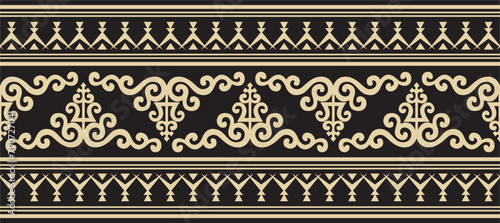 Vector gold and black seamless Yakut ornament. Endless border, frame of the northern peoples of the Far East