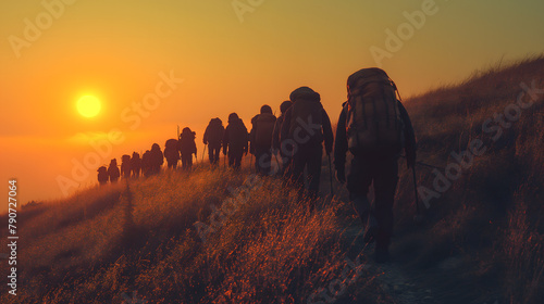 Silhouetted Hikers on a Misty  Golden Sunrise Trek