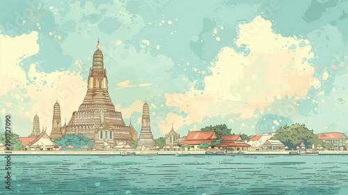 copy space, simple vector illustration, handdrawn cartoon style, Wat Arun temple in Bankkok, beautiful design for tourist poster, tourism publicity. Must-see tourist attraction. Famous touristic spot  photo