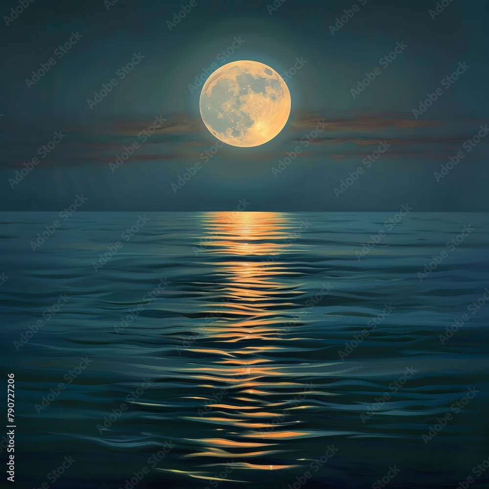 Full moon rising over a calm ocean, its reflection shimmering across the water, serene and mystical night scene.