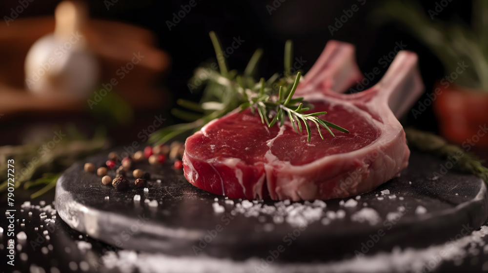 Premium Raw Lamb Chops on a Slate Plate with Rosemary