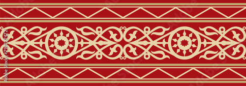 Vector gold and red seamless Yakut ornament. Endless border, frame of the northern peoples of the Far East.