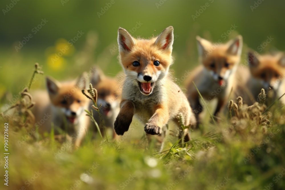 Fototapeta premium Foxes pouncing on mice in a grassy field.