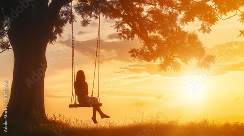 Silhouette of a woman on a wooden swing in a sunset park, styled with copy space. A beautiful girl swings under a tree