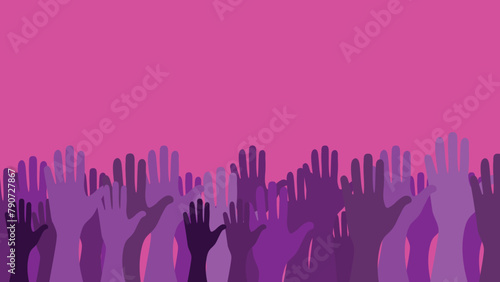 Vector raised hands feminist demonstration in pink and purple colours 8 March