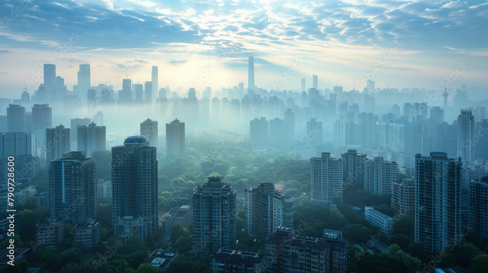 Obraz premium A city skyline enveloped in a soft mist, with skyscrapers fading into the haze at dawn.