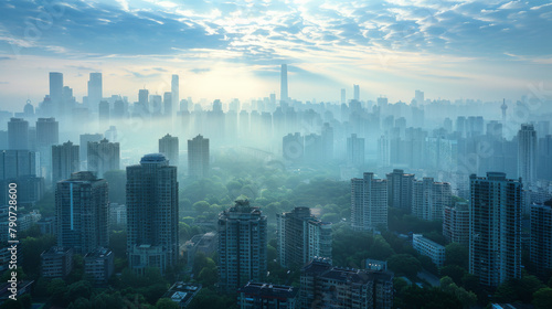 A city skyline enveloped in a soft mist  with skyscrapers fading into the haze at dawn.